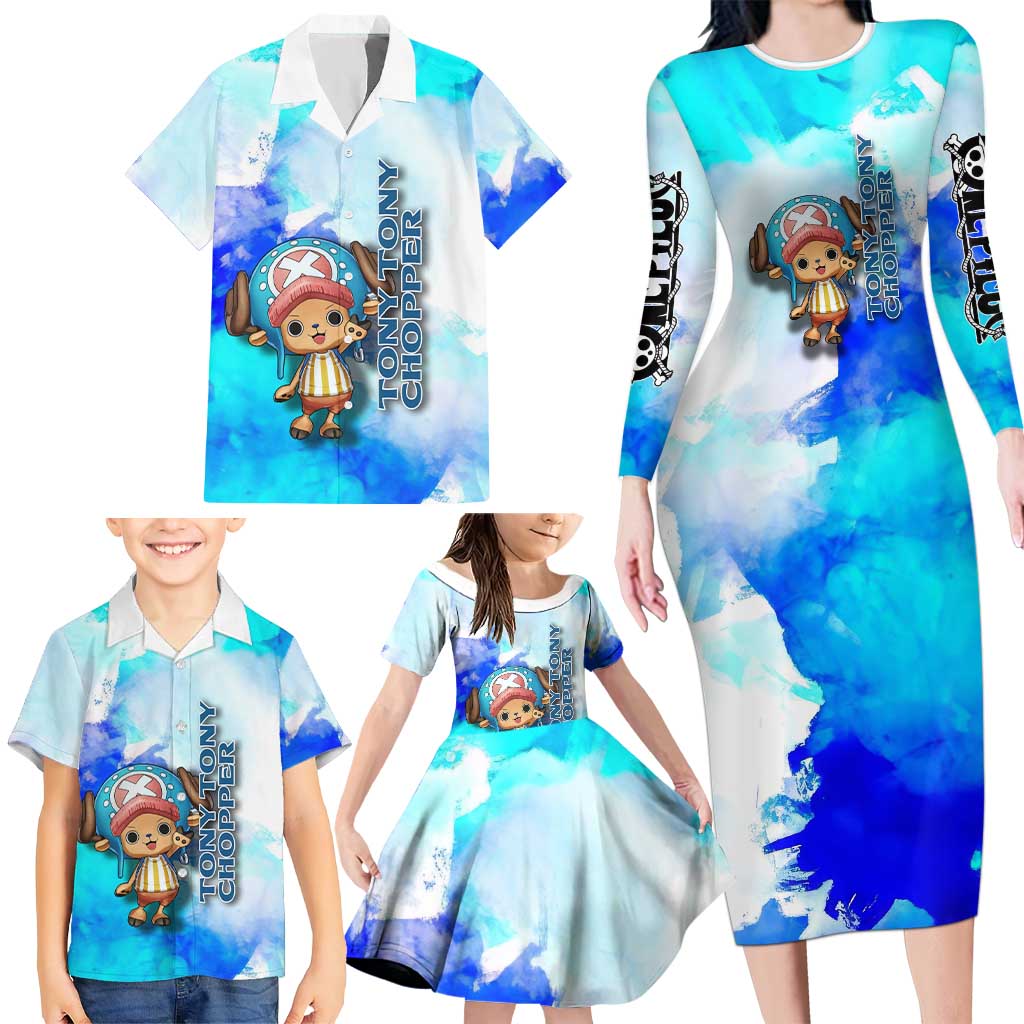 Tony Tony Chopper One Piece Blue Theme Family Matching Long Sleeve Bodycon Dress and Hawaiian Shirt with Cute Reindeer Design and Transformation Forms