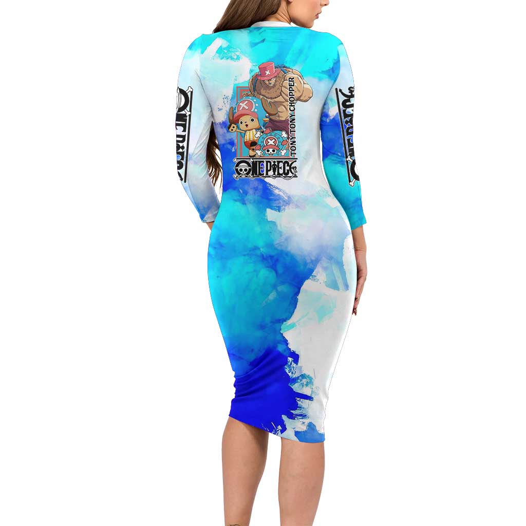Tony Tony Chopper One Piece Blue Theme Family Matching Long Sleeve Bodycon Dress and Hawaiian Shirt with Cute Reindeer Design and Transformation Forms