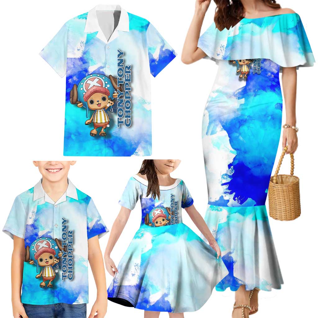 Tony Tony Chopper One Piece Blue Theme Family Matching Mermaid Dress and Hawaiian Shirt with Cute Reindeer Design and Transformation Forms