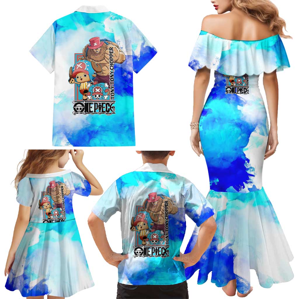 Tony Tony Chopper One Piece Blue Theme Family Matching Mermaid Dress and Hawaiian Shirt with Cute Reindeer Design and Transformation Forms