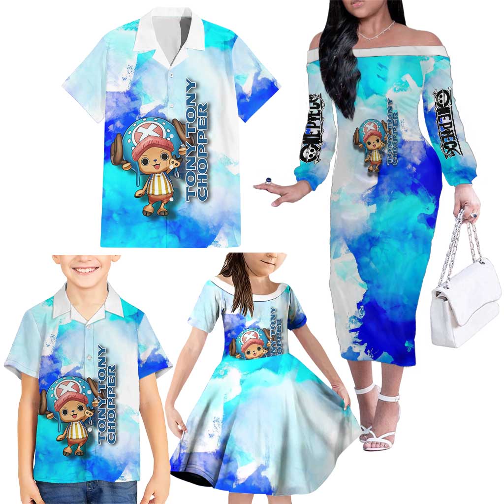 Tony Tony Chopper One Piece Blue Theme Family Matching Off The Shoulder Long Sleeve Dress and Hawaiian Shirt with Cute Reindeer Design and Transformation Forms