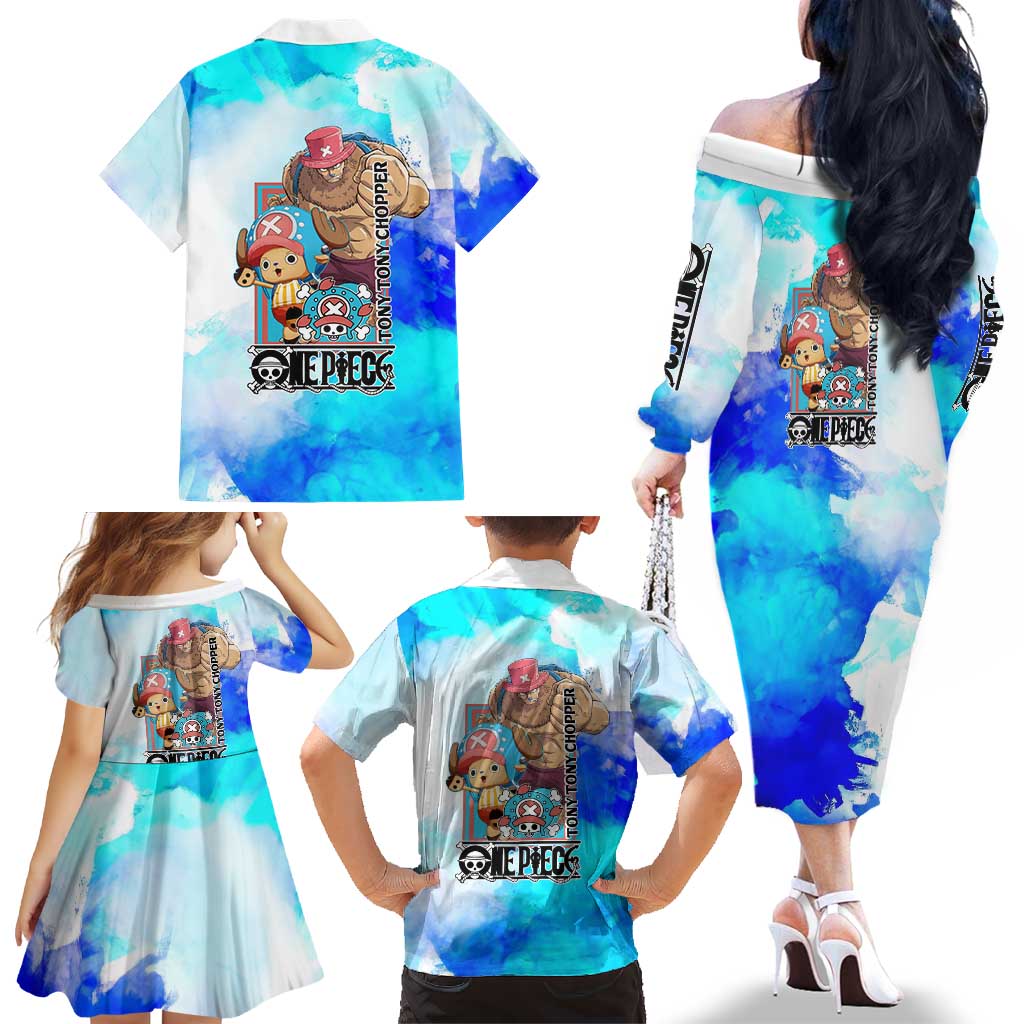 Tony Tony Chopper One Piece Blue Theme Family Matching Off The Shoulder Long Sleeve Dress and Hawaiian Shirt with Cute Reindeer Design and Transformation Forms