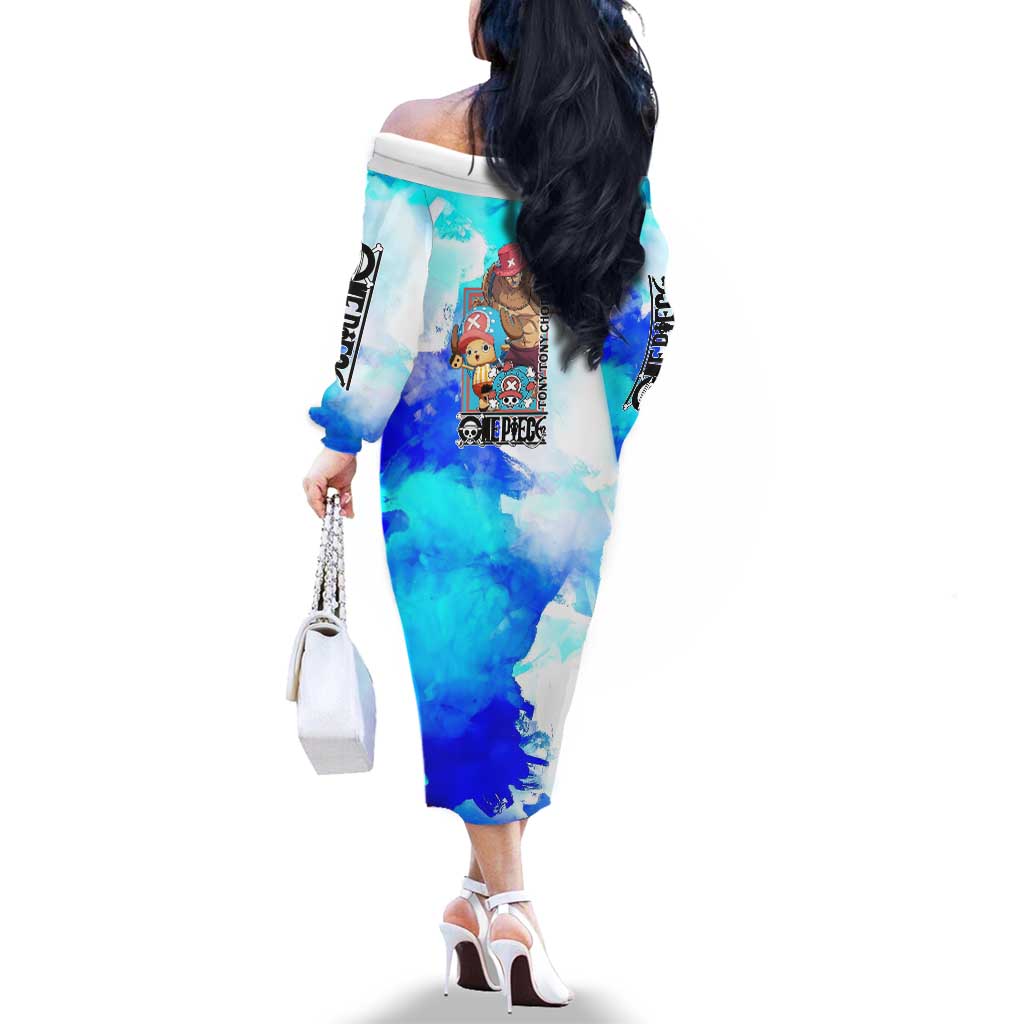 Tony Tony Chopper One Piece Blue Theme Family Matching Off The Shoulder Long Sleeve Dress and Hawaiian Shirt with Cute Reindeer Design and Transformation Forms