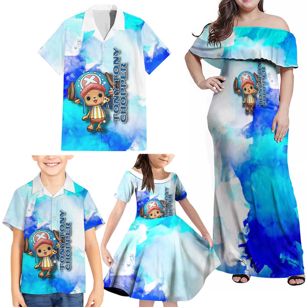 Tony Tony Chopper One Piece Blue Theme Family Matching Off Shoulder Maxi Dress and Hawaiian Shirt with Cute Reindeer Design and Transformation Forms