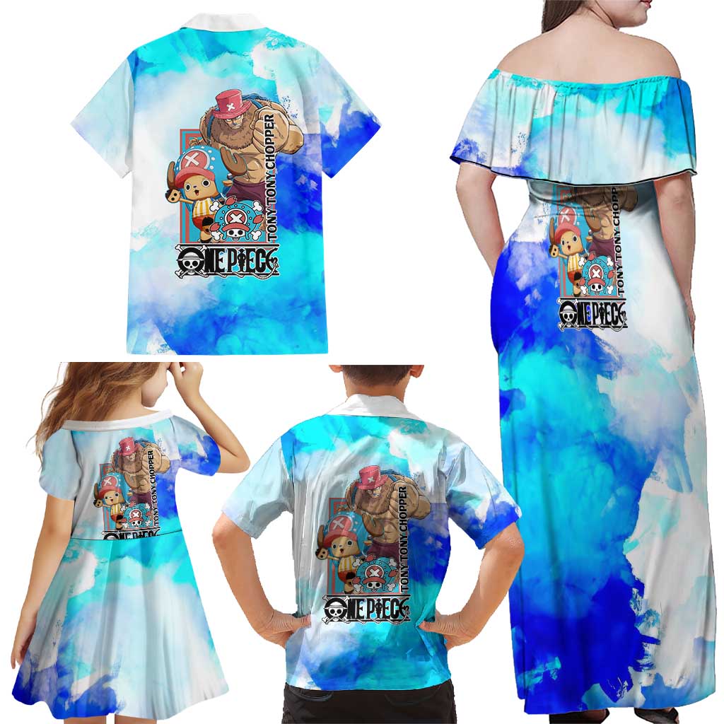 Tony Tony Chopper One Piece Blue Theme Family Matching Off Shoulder Maxi Dress and Hawaiian Shirt with Cute Reindeer Design and Transformation Forms