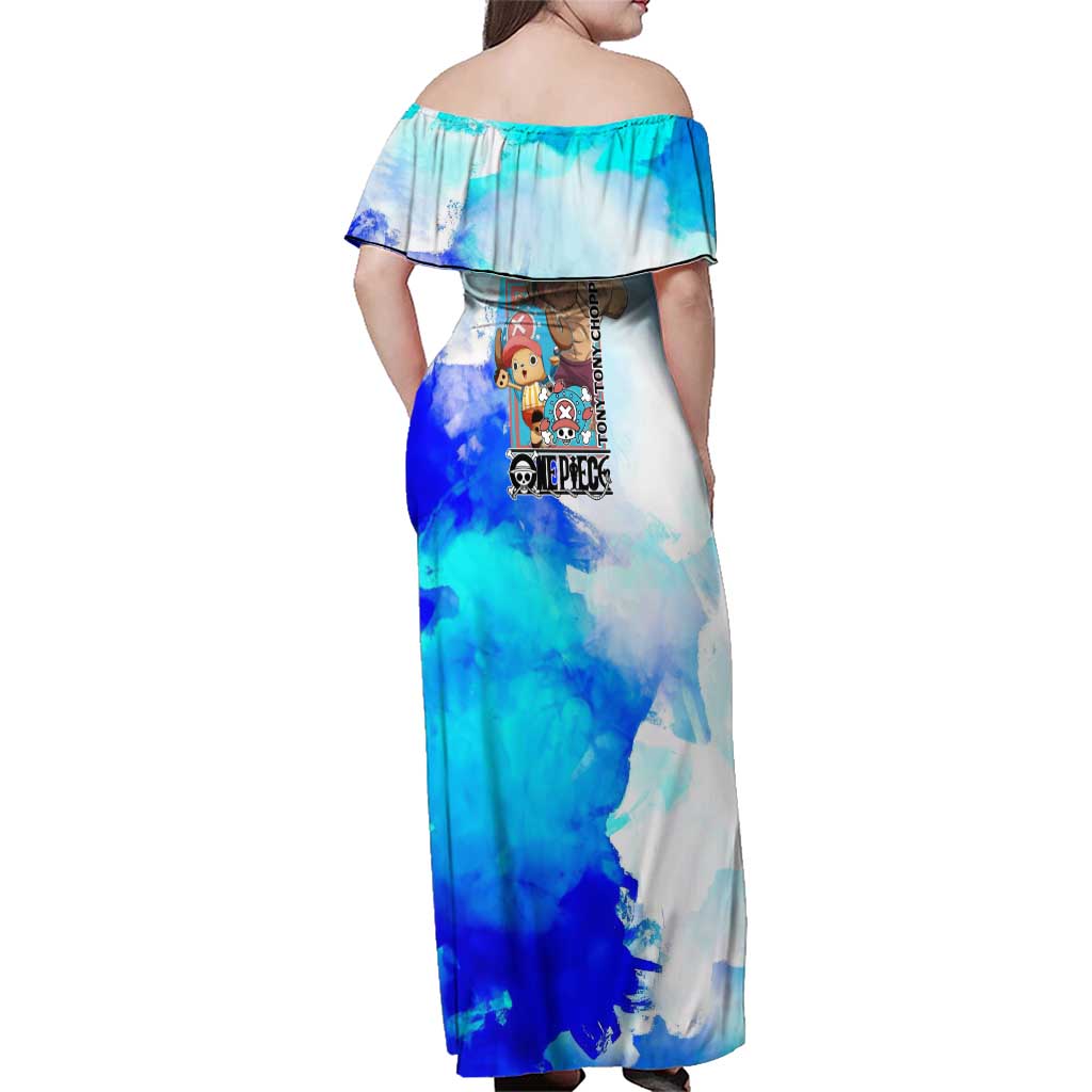 Tony Tony Chopper One Piece Blue Theme Family Matching Off Shoulder Maxi Dress and Hawaiian Shirt with Cute Reindeer Design and Transformation Forms