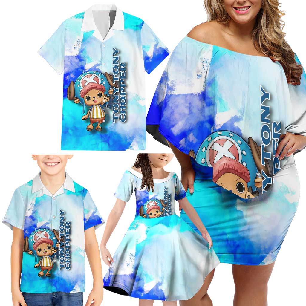 Tony Tony Chopper One Piece Blue Theme Family Matching Off Shoulder Short Dress and Hawaiian Shirt with Cute Reindeer Design and Transformation Forms