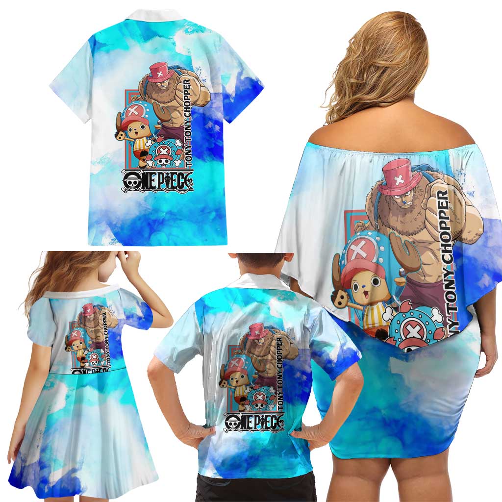 Tony Tony Chopper One Piece Blue Theme Family Matching Off Shoulder Short Dress and Hawaiian Shirt with Cute Reindeer Design and Transformation Forms