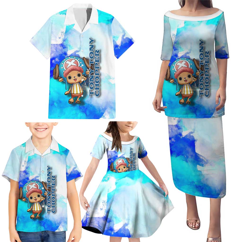 Tony Tony Chopper One Piece Blue Theme Family Matching Puletasi and Hawaiian Shirt with Cute Reindeer Design and Transformation Forms
