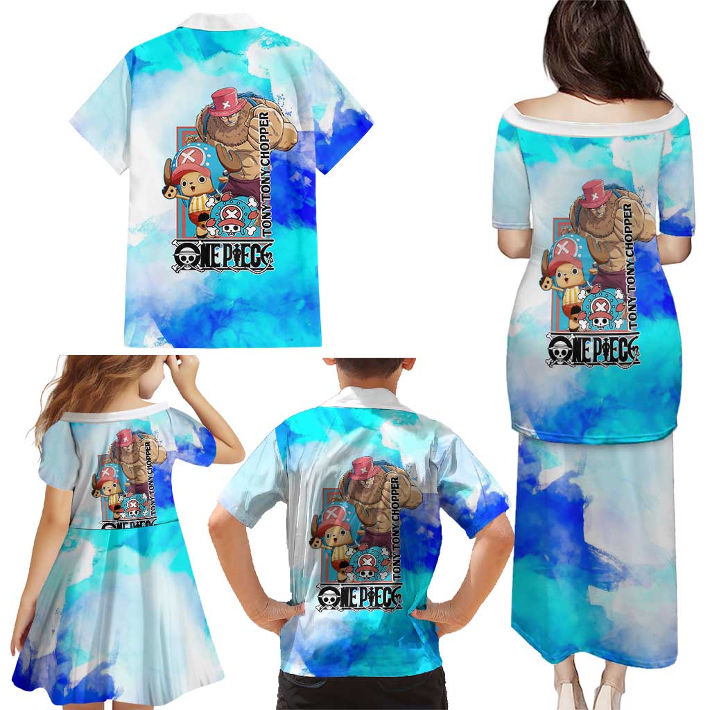 Tony Tony Chopper One Piece Blue Theme Family Matching Puletasi and Hawaiian Shirt with Cute Reindeer Design and Transformation Forms