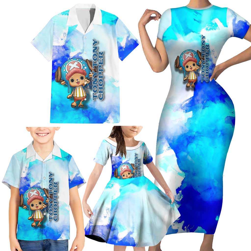 Tony Tony Chopper One Piece Blue Theme Family Matching Short Sleeve Bodycon Dress and Hawaiian Shirt with Cute Reindeer Design and Transformation Forms