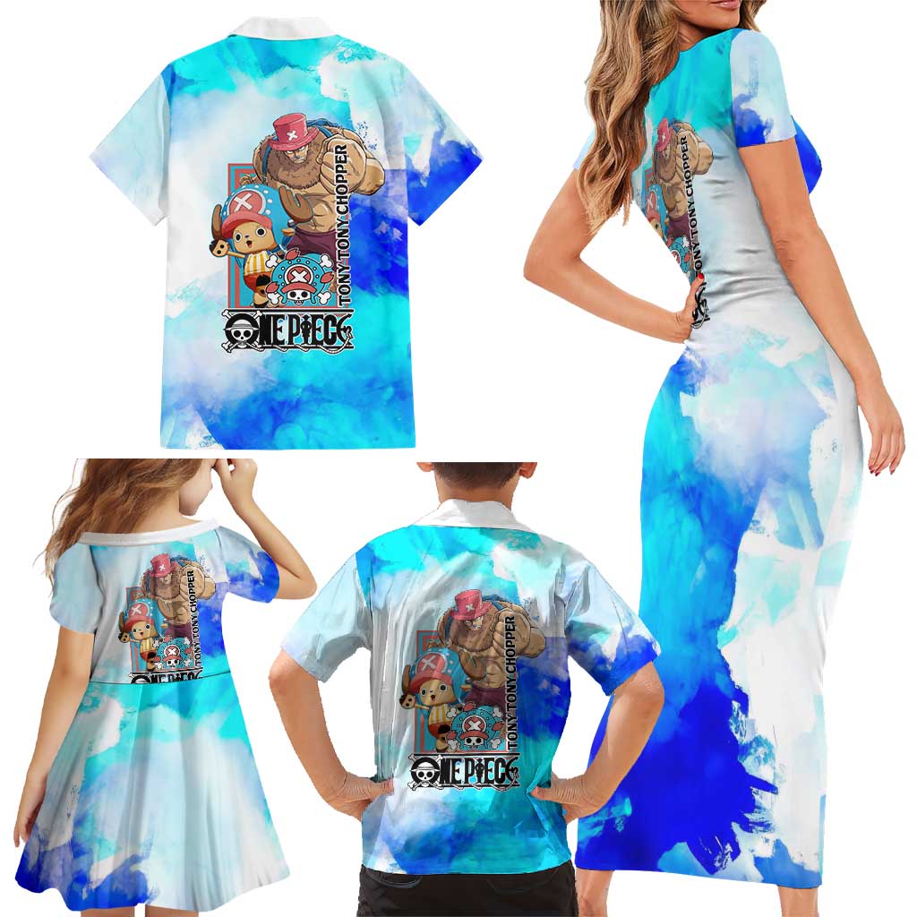 Tony Tony Chopper One Piece Blue Theme Family Matching Short Sleeve Bodycon Dress and Hawaiian Shirt with Cute Reindeer Design and Transformation Forms