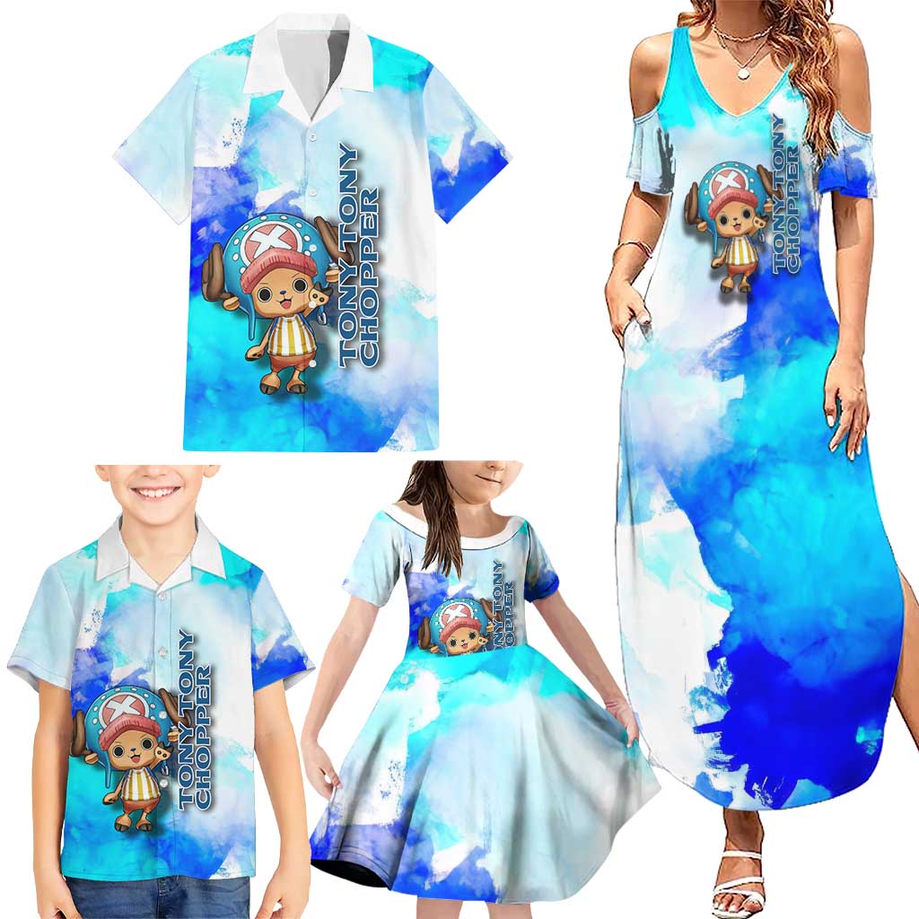 Tony Tony Chopper One Piece Blue Theme Family Matching Summer Maxi Dress and Hawaiian Shirt with Cute Reindeer Design and Transformation Forms