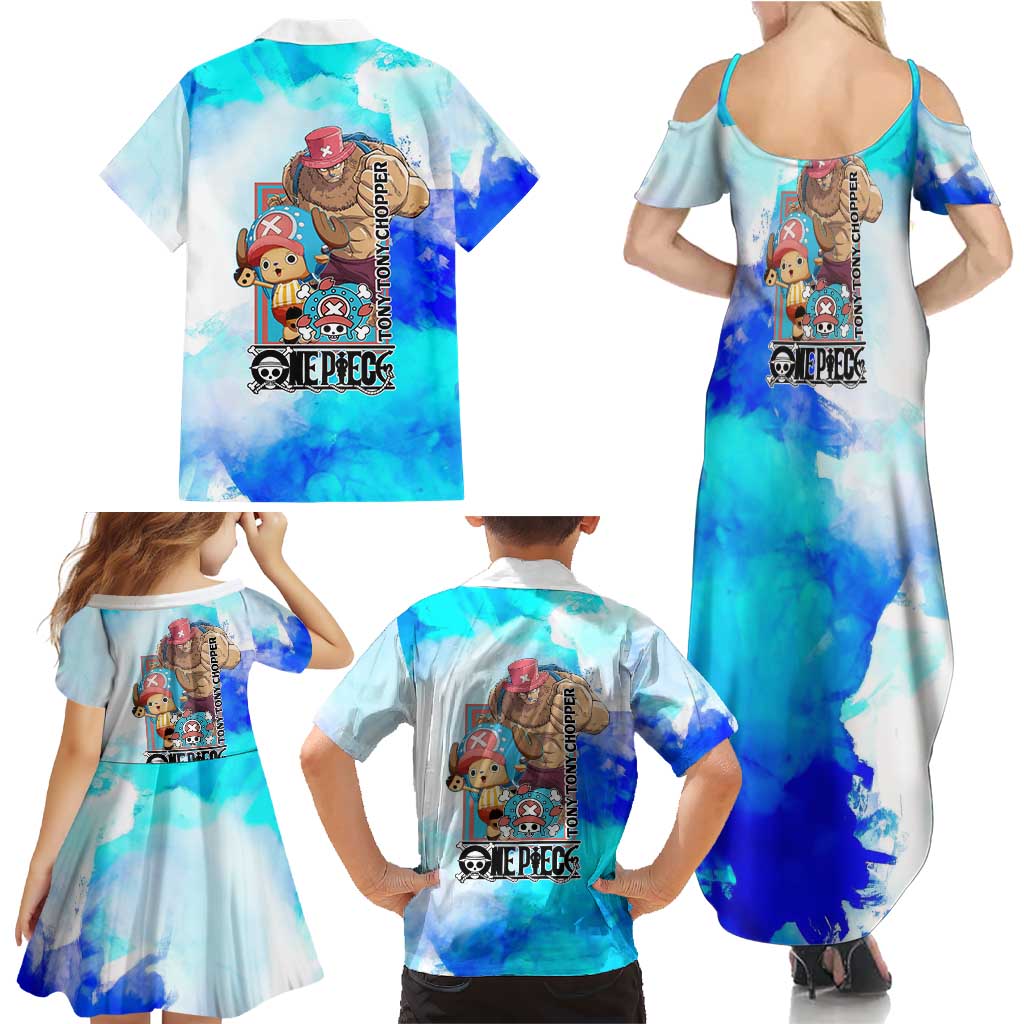 Tony Tony Chopper One Piece Blue Theme Family Matching Summer Maxi Dress and Hawaiian Shirt with Cute Reindeer Design and Transformation Forms