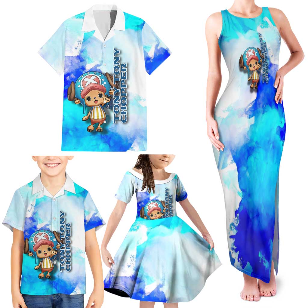 Tony Tony Chopper One Piece Blue Theme Family Matching Tank Maxi Dress and Hawaiian Shirt with Cute Reindeer Design and Transformation Forms