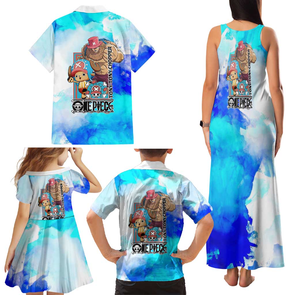Tony Tony Chopper One Piece Blue Theme Family Matching Tank Maxi Dress and Hawaiian Shirt with Cute Reindeer Design and Transformation Forms