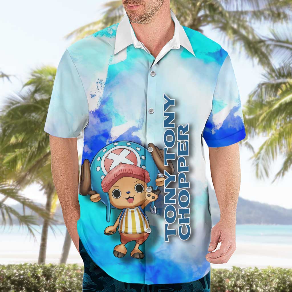 Tony Tony Chopper One Piece Blue Theme Hawaiian Shirt with Cute Reindeer Design and Transformation Forms - The Mazicc