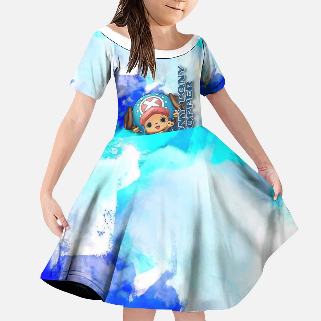 Tony Tony Chopper One Piece Blue Theme Kid Short Sleeve Dress with Cute Reindeer Design and Transformation Forms - The Mazicc