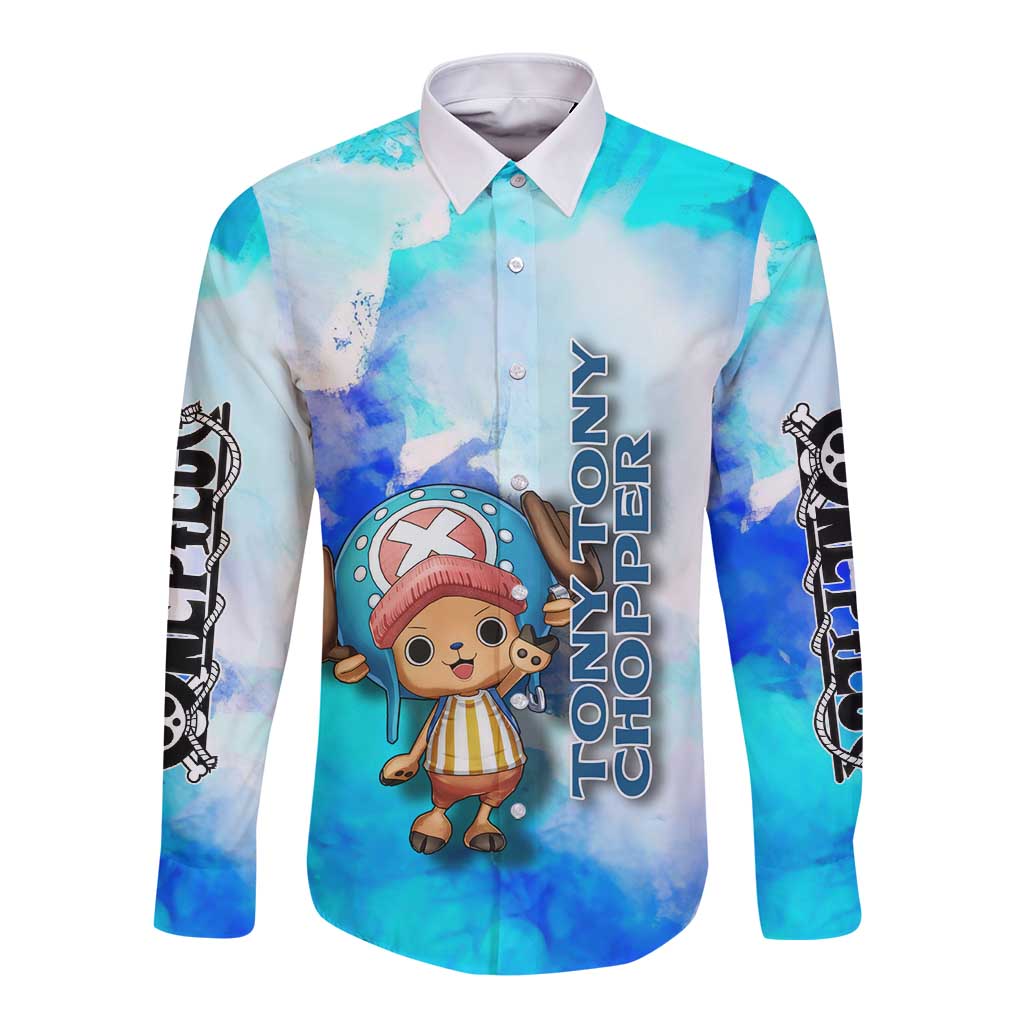 Tony Tony Chopper One Piece Blue Theme Long Sleeve Button Shirt with Cute Reindeer Design and Transformation Forms - The Mazicc