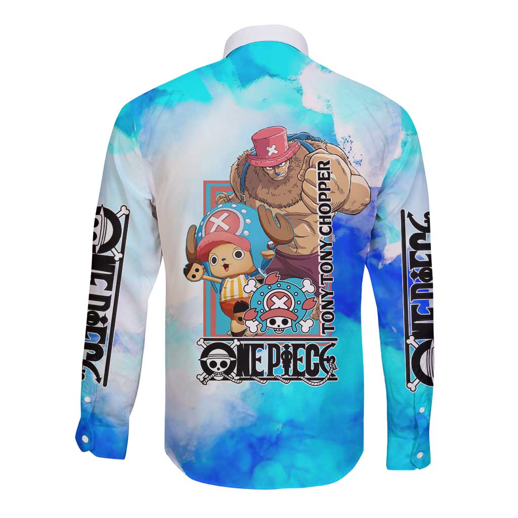 Tony Tony Chopper One Piece Blue Theme Long Sleeve Button Shirt with Cute Reindeer Design and Transformation Forms - The Mazicc