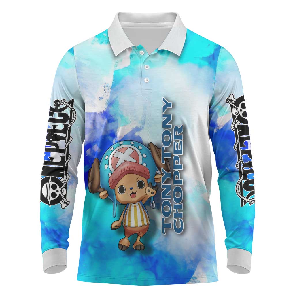 Tony Tony Chopper One Piece Blue Theme Long Sleeve Polo Shirt with Cute Reindeer Design and Transformation Forms - The Mazicc