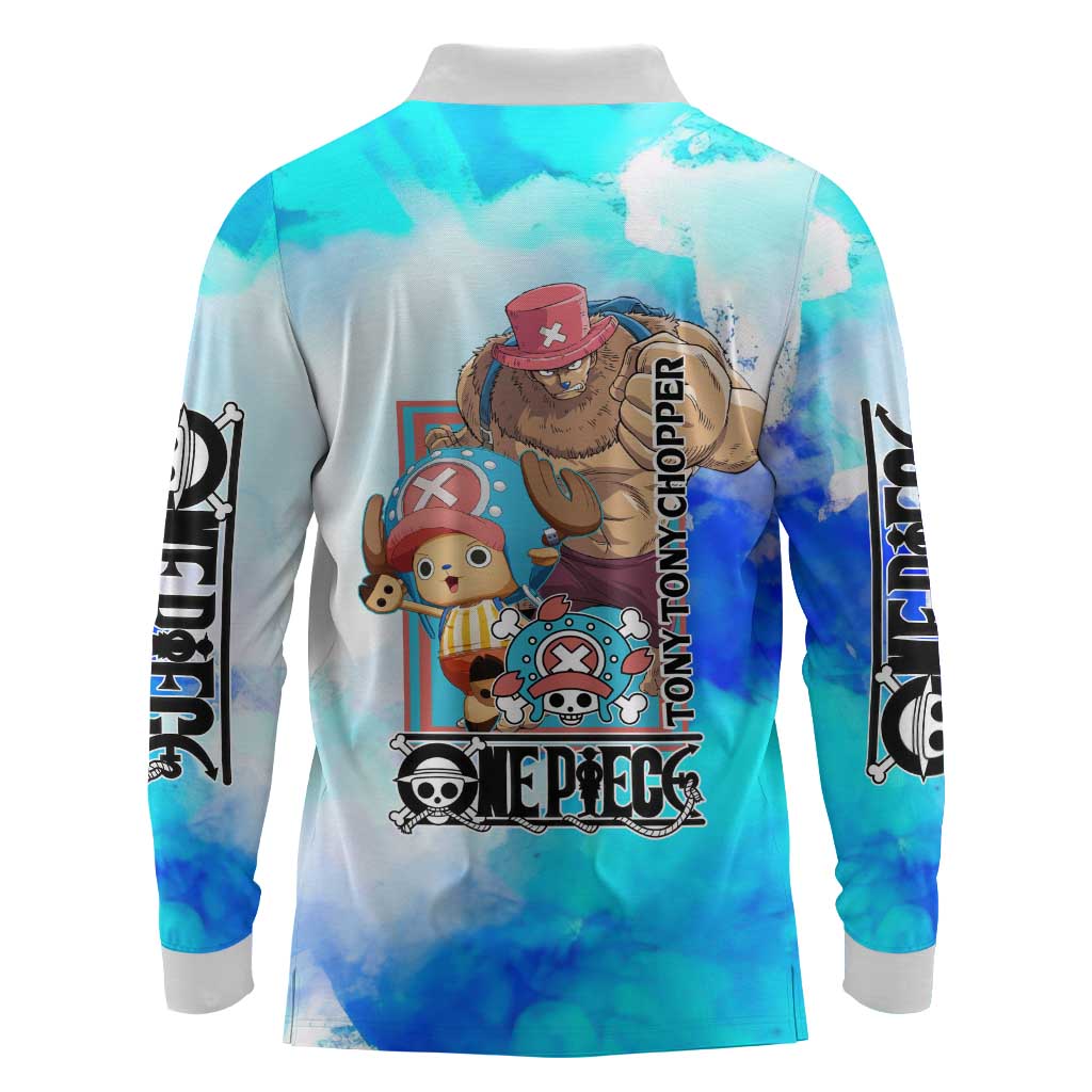 Tony Tony Chopper One Piece Blue Theme Long Sleeve Polo Shirt with Cute Reindeer Design and Transformation Forms - The Mazicc
