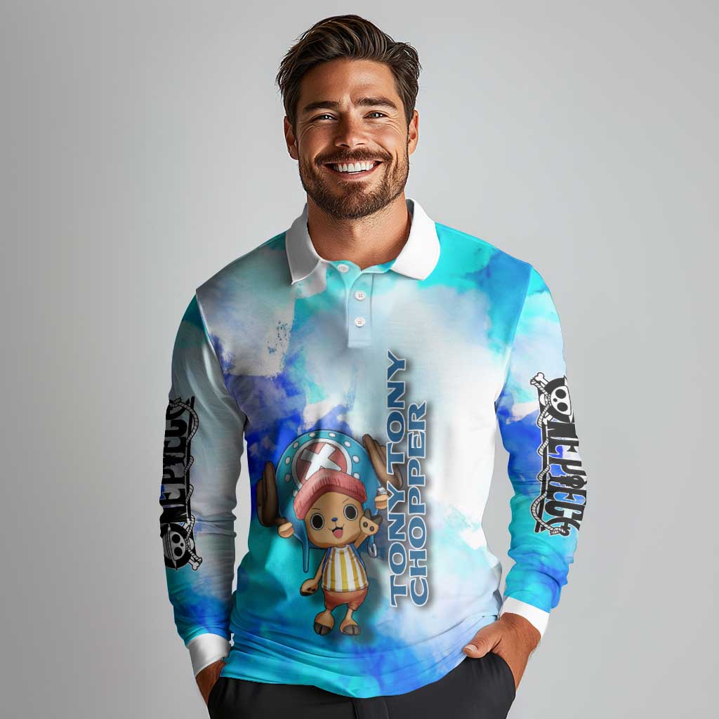 Tony Tony Chopper One Piece Blue Theme Long Sleeve Polo Shirt with Cute Reindeer Design and Transformation Forms - The Mazicc