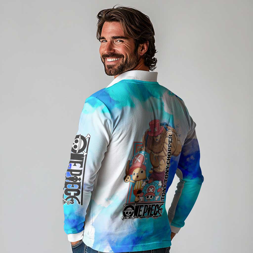 Tony Tony Chopper One Piece Blue Theme Long Sleeve Polo Shirt with Cute Reindeer Design and Transformation Forms - The Mazicc