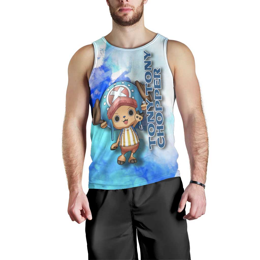 Tony Tony Chopper One Piece Blue Theme Men Tank Top with Cute Reindeer Design and Transformation Forms - The Mazicc