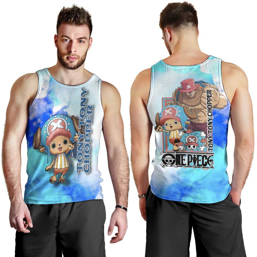 Tony Tony Chopper One Piece Blue Theme Men Tank Top with Cute Reindeer Design and Transformation Forms - The Mazicc