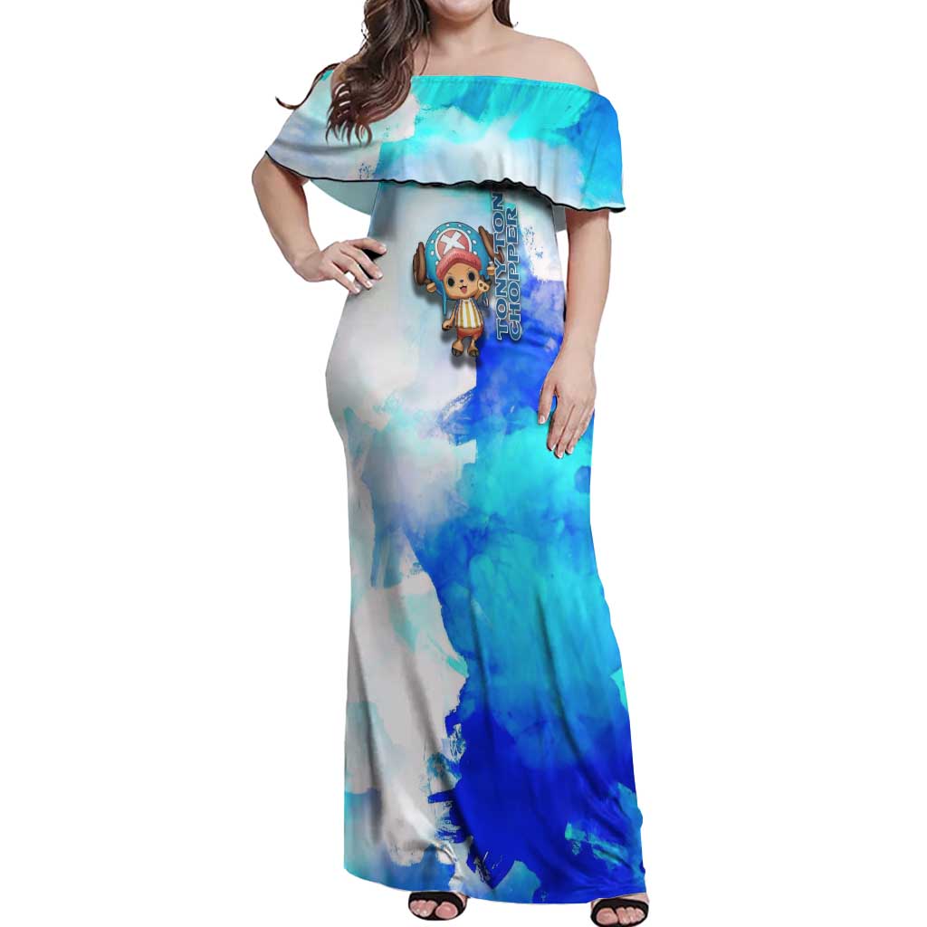 Tony Tony Chopper One Piece Blue Theme Off Shoulder Maxi Dress with Cute Reindeer Design and Transformation Forms - The Mazicc