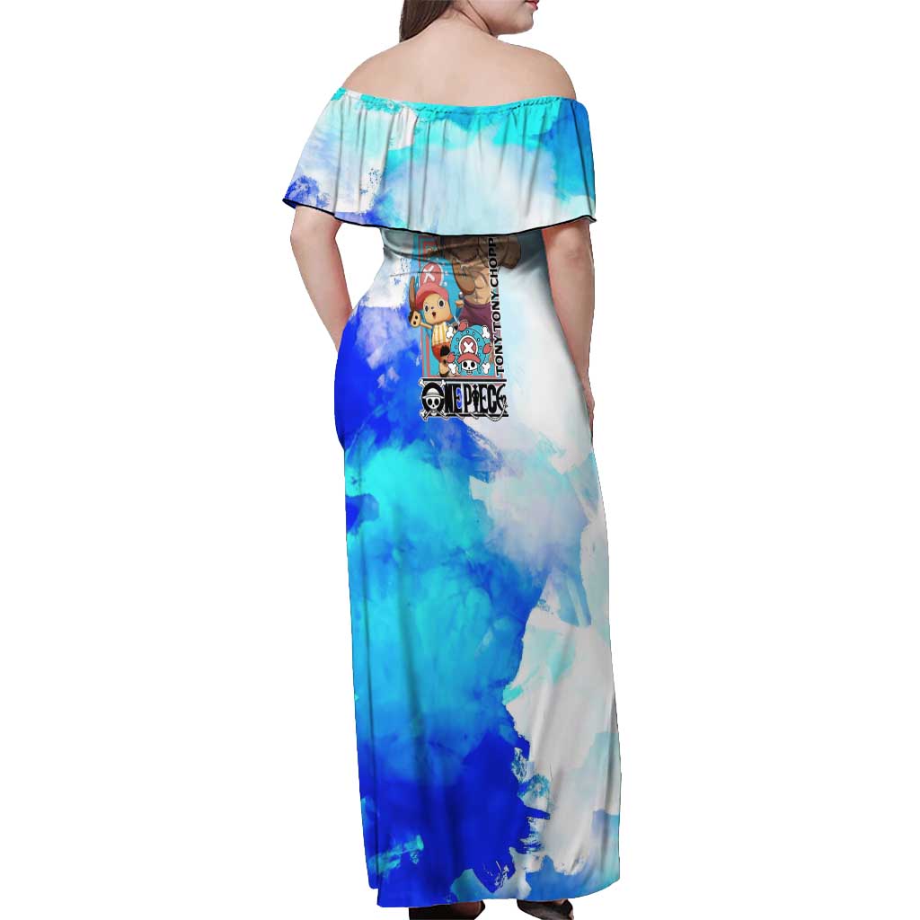 Tony Tony Chopper One Piece Blue Theme Off Shoulder Maxi Dress with Cute Reindeer Design and Transformation Forms - The Mazicc