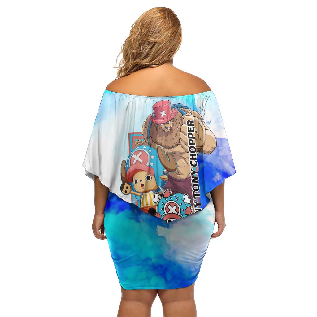Tony Tony Chopper One Piece Blue Theme Off Shoulder Short Dress with Cute Reindeer Design and Transformation Forms - The Mazicc