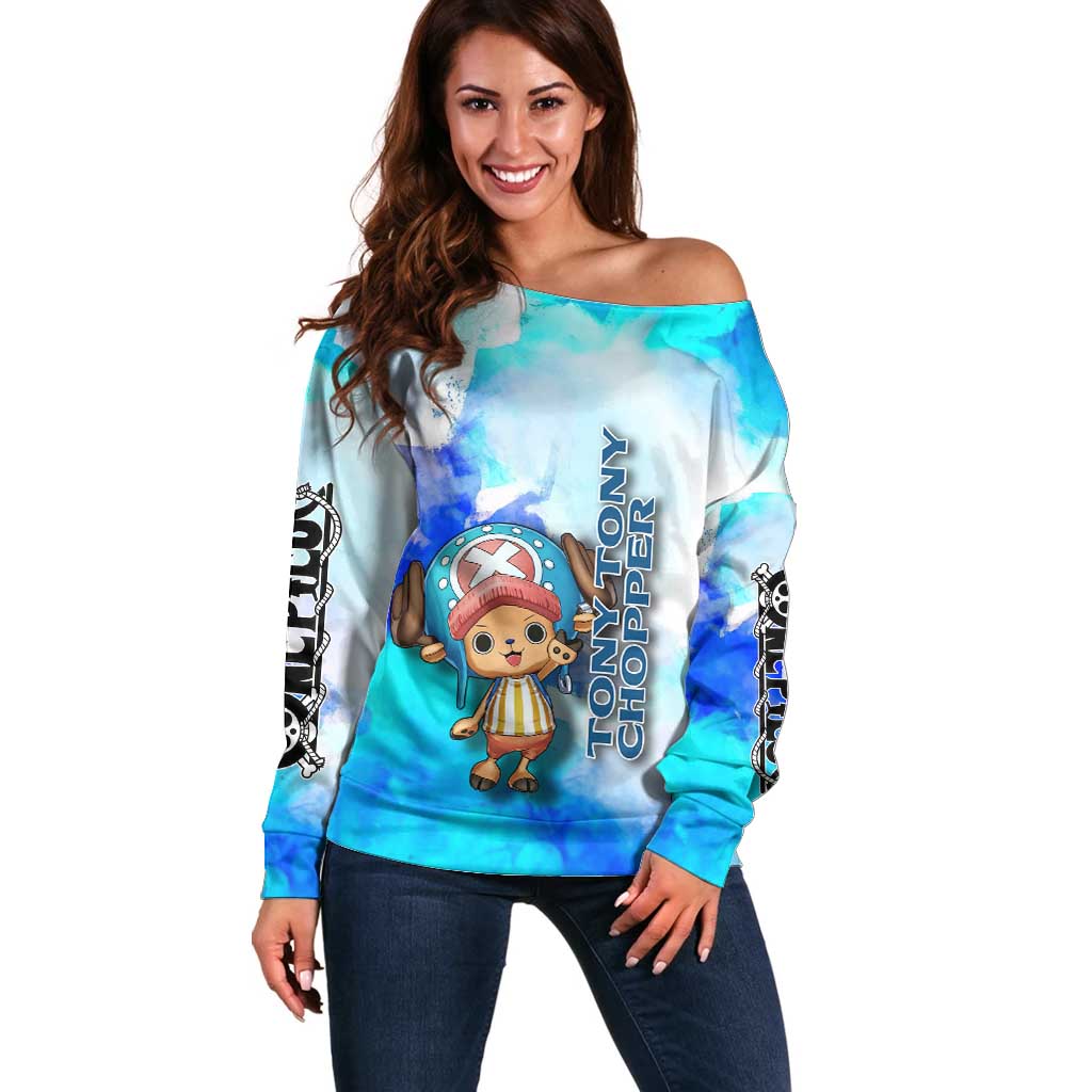 Tony Tony Chopper One Piece Blue Theme Off Shoulder Sweater with Cute Reindeer Design and Transformation Forms - The Mazicc