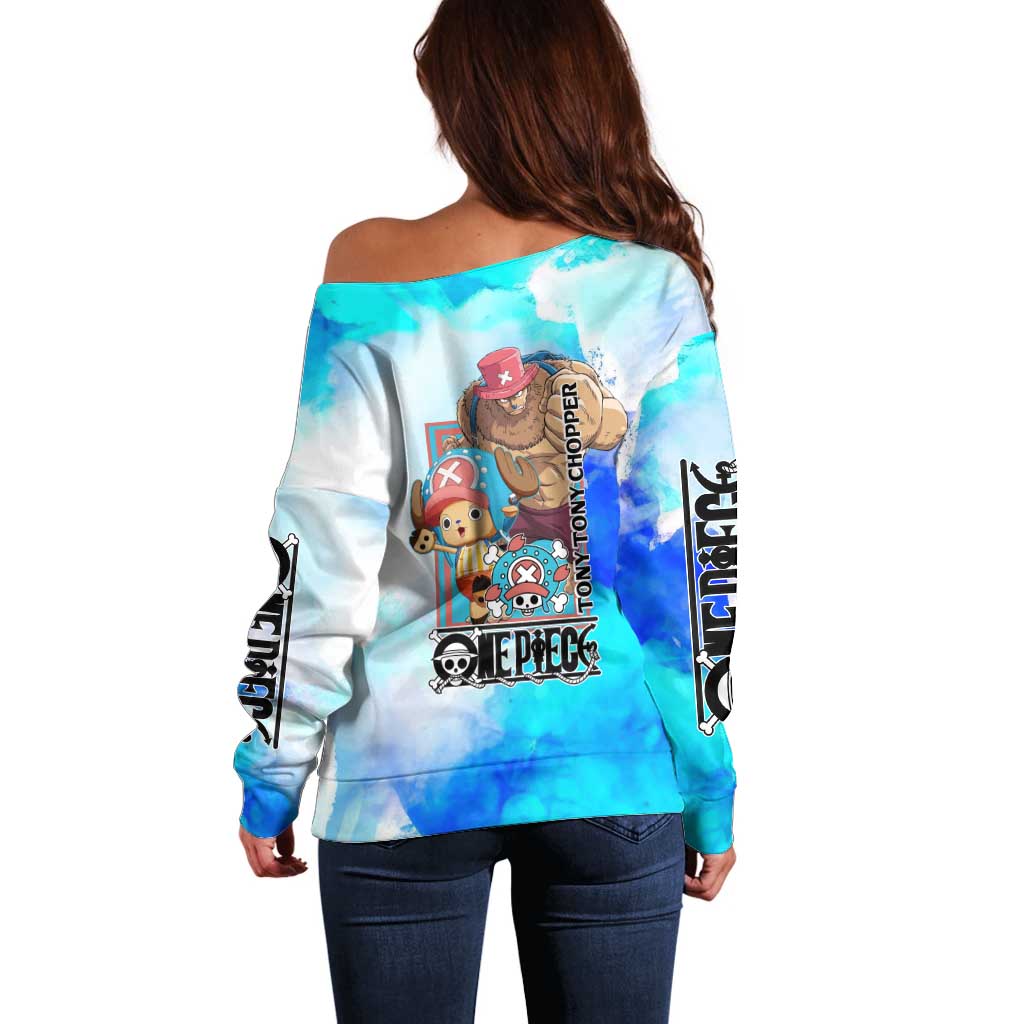 Tony Tony Chopper One Piece Blue Theme Off Shoulder Sweater with Cute Reindeer Design and Transformation Forms - The Mazicc