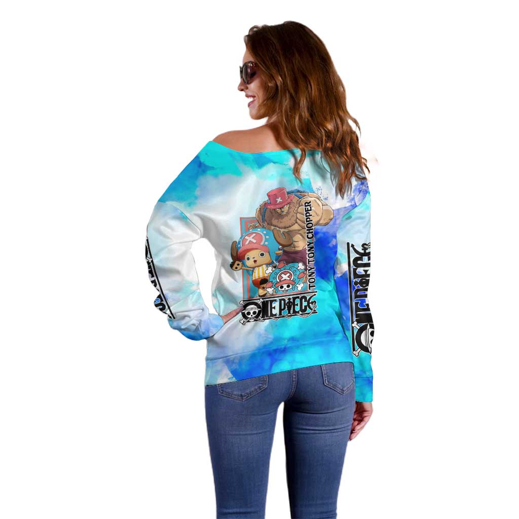 Tony Tony Chopper One Piece Blue Theme Off Shoulder Sweater with Cute Reindeer Design and Transformation Forms - The Mazicc