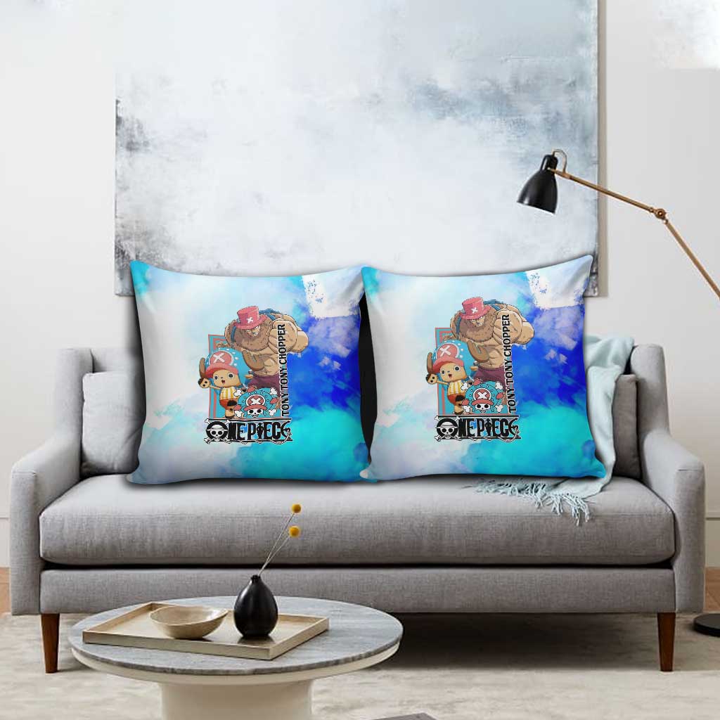 Tony Tony Chopper One Piece Blue Theme Pillow Cover with Cute Reindeer Design and Transformation Forms - The Mazicc