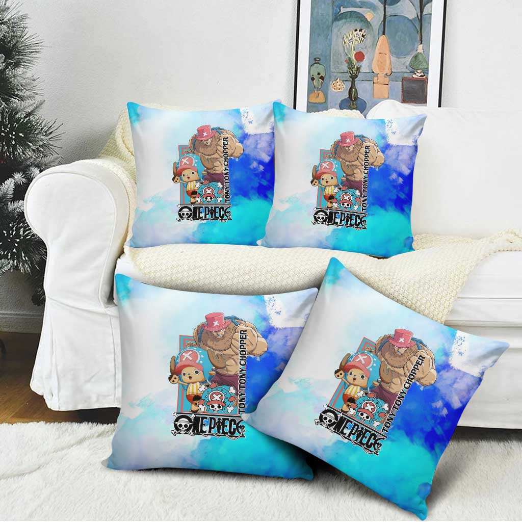 Tony Tony Chopper One Piece Blue Theme Pillow Cover with Cute Reindeer Design and Transformation Forms - The Mazicc