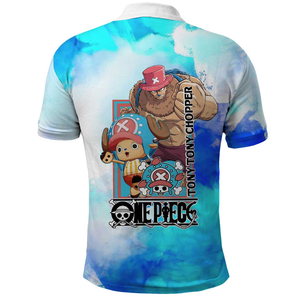 Tony Tony Chopper One Piece Blue Theme Polo Shirt with Cute Reindeer Design and Transformation Forms - The Mazicc