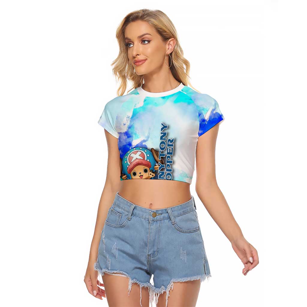 Tony Tony Chopper One Piece Blue Theme Raglan Cropped T Shirt with Cute Reindeer Design and Transformation Forms - The Mazicc