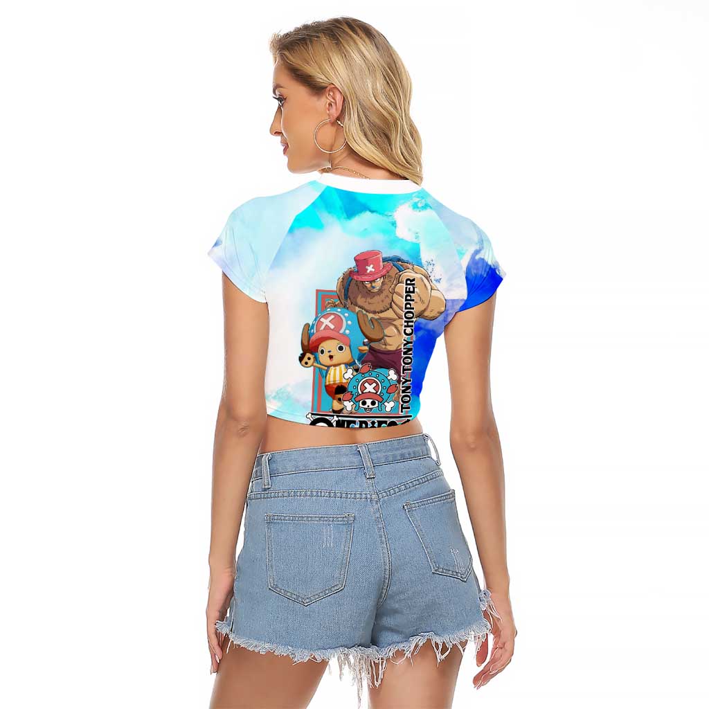Tony Tony Chopper One Piece Blue Theme Raglan Cropped T Shirt with Cute Reindeer Design and Transformation Forms - The Mazicc