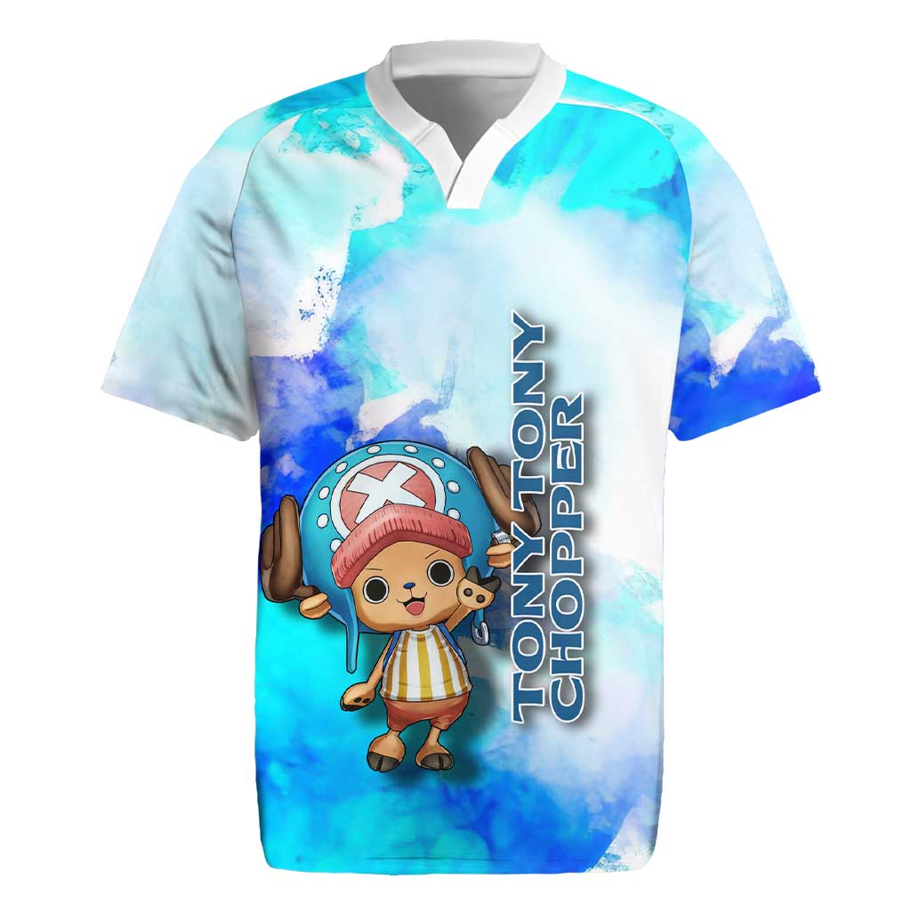Tony Tony Chopper One Piece Blue Theme Rugby Jersey with Cute Reindeer Design and Transformation Forms - The Mazicc