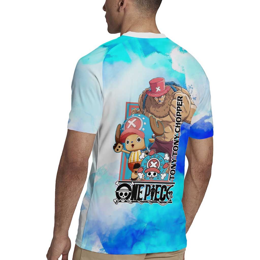 Tony Tony Chopper One Piece Blue Theme Rugby Jersey with Cute Reindeer Design and Transformation Forms - The Mazicc