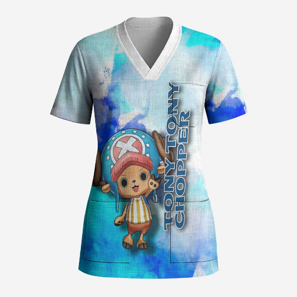 Tony Tony Chopper One Piece Blue Theme Scrub Top with Cute Reindeer Design and Transformation Forms - The Mazicc