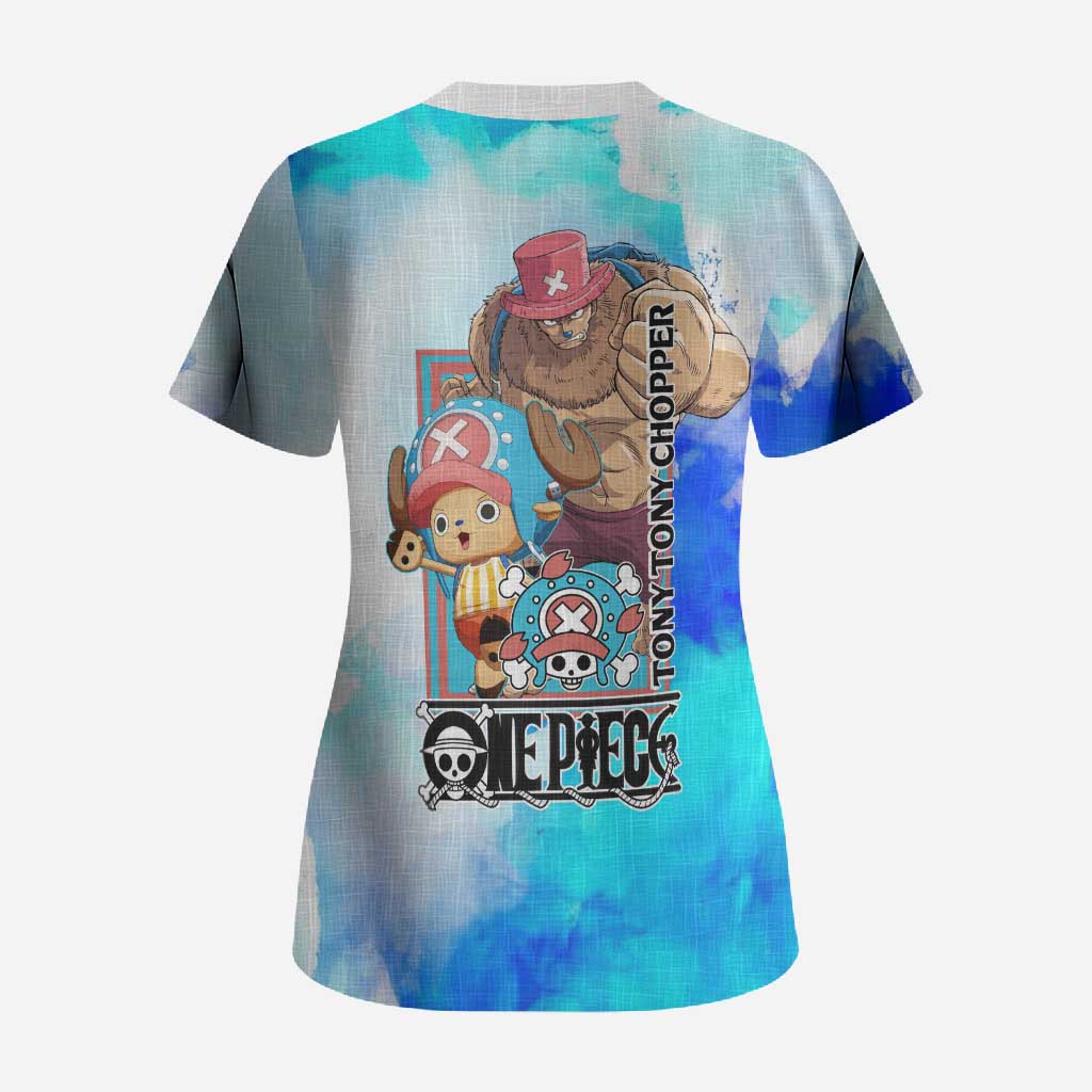 Tony Tony Chopper One Piece Blue Theme Scrub Top with Cute Reindeer Design and Transformation Forms - The Mazicc