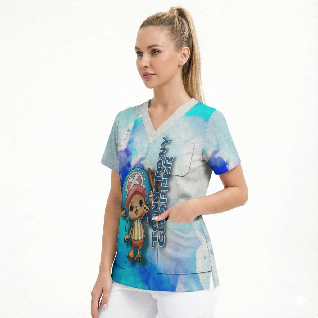 Tony Tony Chopper One Piece Blue Theme Scrub Top with Cute Reindeer Design and Transformation Forms - The Mazicc