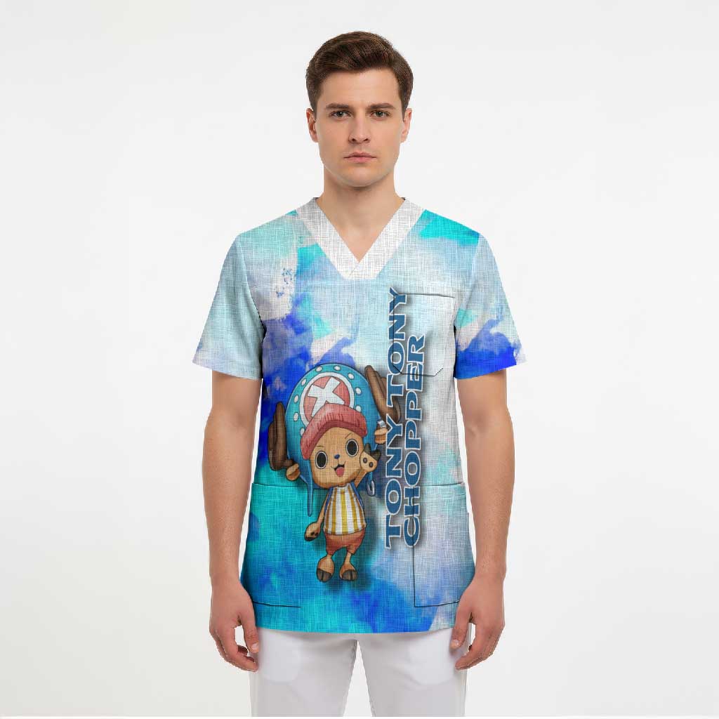 Tony Tony Chopper One Piece Blue Theme Scrub Top with Cute Reindeer Design and Transformation Forms - The Mazicc
