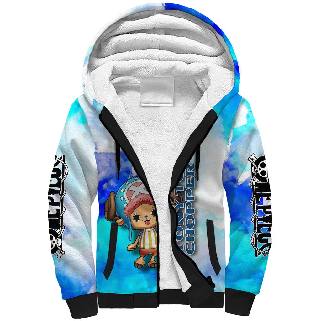 Tony Tony Chopper One Piece Blue Theme Sherpa Hoodie with Cute Reindeer Design and Transformation Forms - The Mazicc