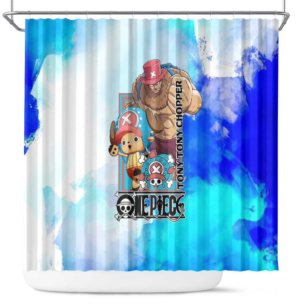 Tony Tony Chopper One Piece Blue Theme Shower Curtain with Cute Reindeer Design and Transformation Forms - The Mazicc