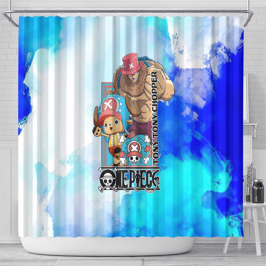 Tony Tony Chopper One Piece Blue Theme Shower Curtain with Cute Reindeer Design and Transformation Forms - The Mazicc